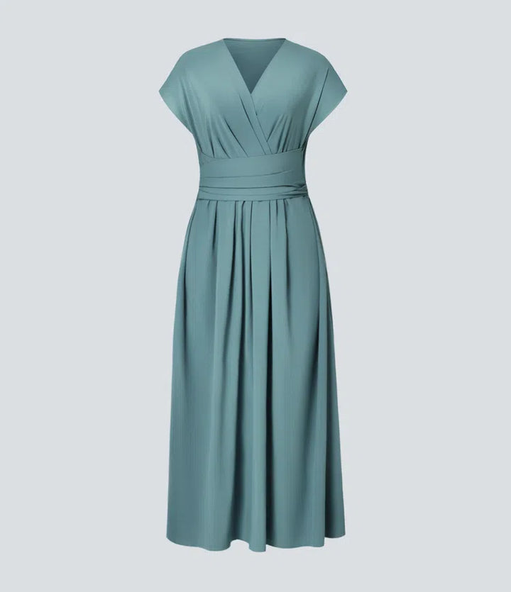 Breezeful V Neck Short Sleeve Pocket Tie Back Quick Dry Midi Casual Dress-Longer Length
