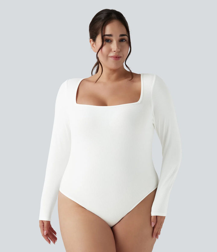 Ribbed Knit Square Neck Long Sleeve Skinny Casual Plus Size Bodysuit