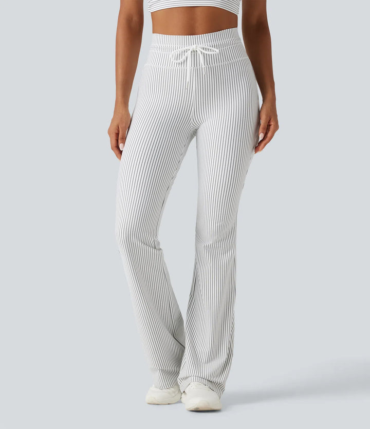 High Waisted Drawstring Stripe Flare Yoga Pants with Pockets
