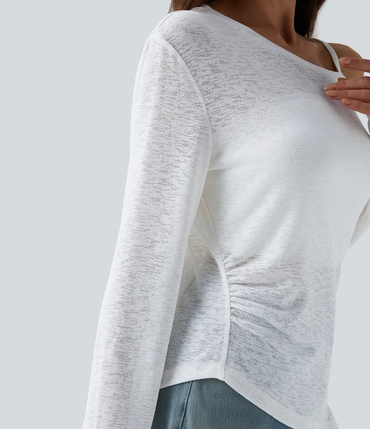 Semi Sheer One Shoulder Long Sleeve Asymmetric Hem Casual T-Shirt