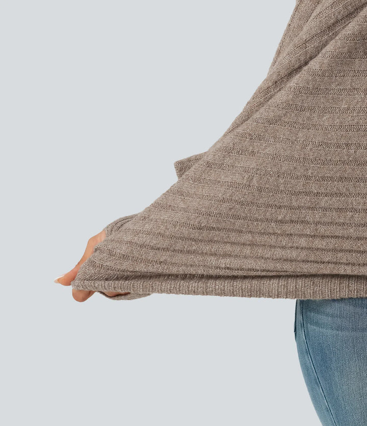 Boat Neck Batwing Long Sleeve Thumb Hole Casual Wool-Blend Sweater
