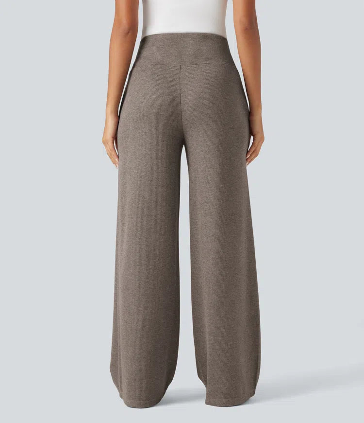 Ribbed Knit High Waisted Tummy Control Drawstring Casual Wide Leg Baggy Pants with Pockets