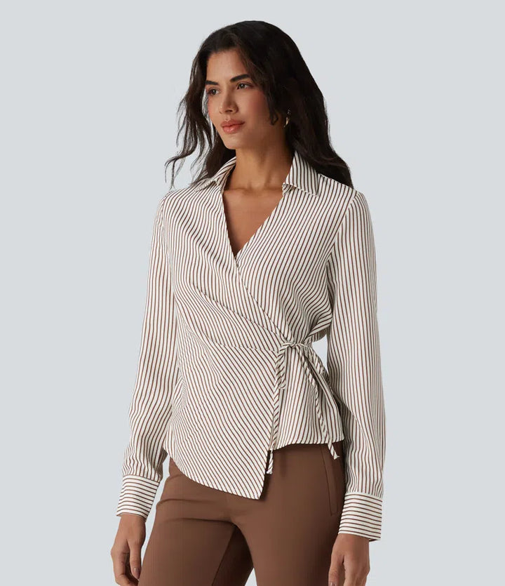 Long Sleeve Wrapped Tie Side Stripe Work Shirt