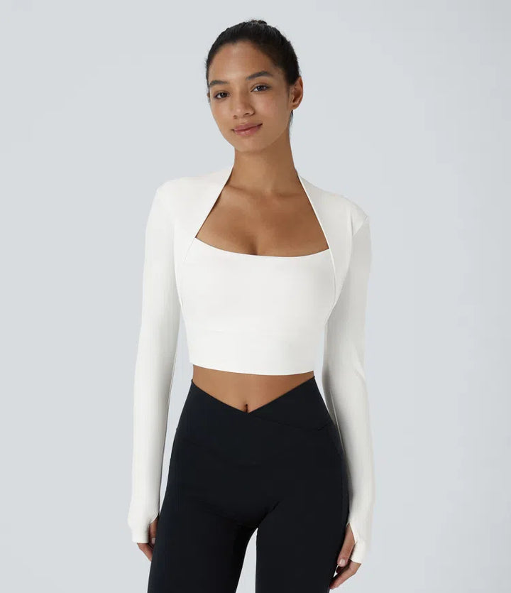 SoftlyZero Plush Long Sleeve Thumb Hole 2-in-1 Cropped Yoga Sports Top