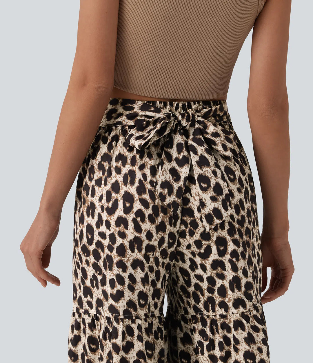 Mid Rise Tie Front Baggy Leopard Print Casual Pants with Pockets