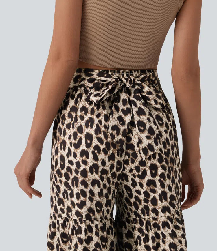 Mid Rise Tie Front Baggy Leopard Print Casual Pants with Pockets