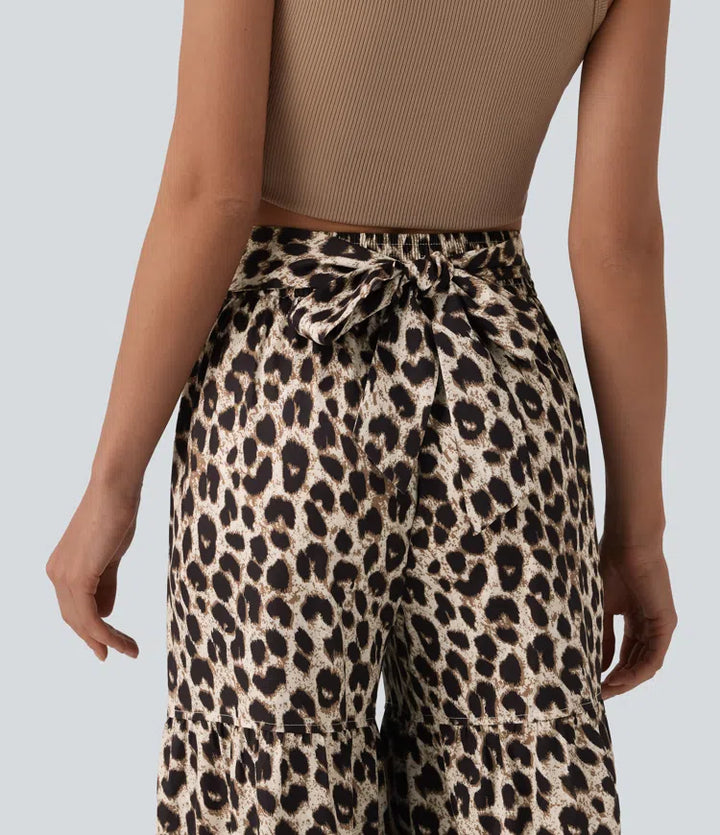 Mid Rise Tie Front Baggy Leopard Print Casual Pants with Pockets