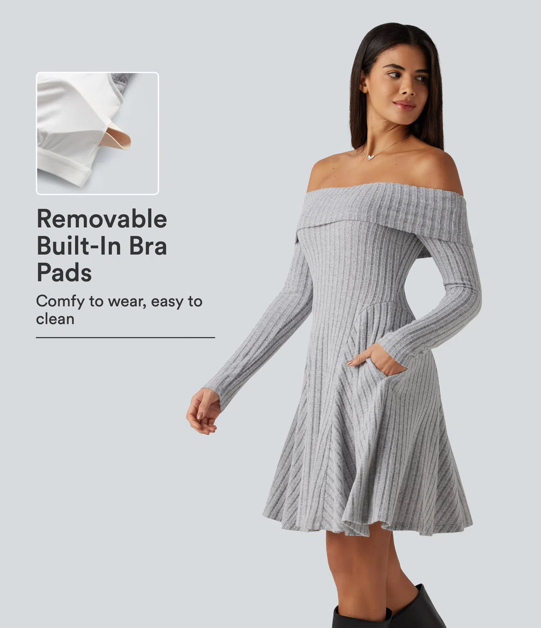 Ribbed Knit Off Shoulder Long Sleeve Built-in Bra Mini Casual Dress with Pockets
