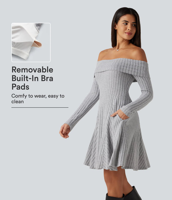 Ribbed Knit Off Shoulder Long Sleeve Built-in Bra Mini Casual Dress with Pockets