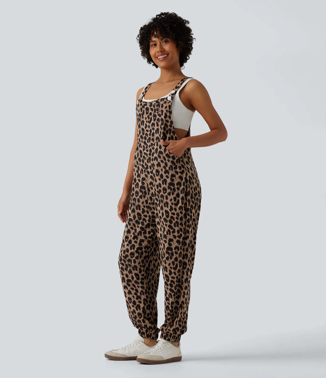 Adjustable Straps Leopard Print Waffle Casual Jogger Overalls with Pockets