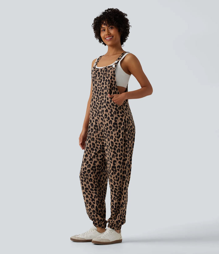 Adjustable Straps Leopard Print Waffle Casual Jogger Overalls with Pockets