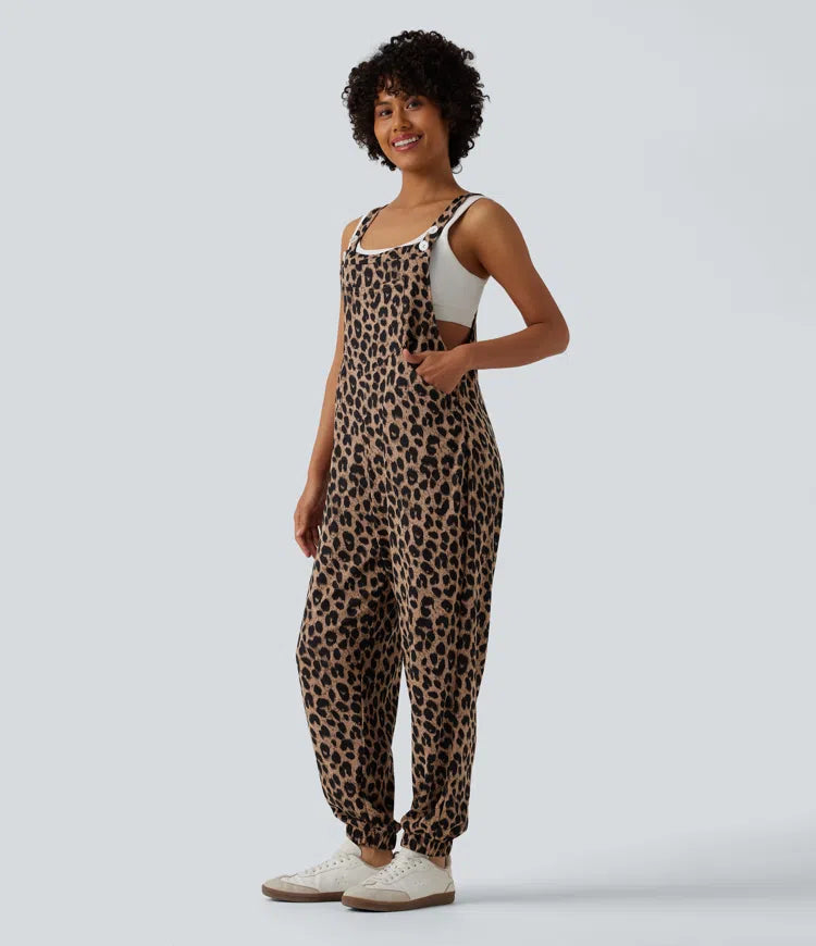 Adjustable Straps Leopard Print Waffle Casual Jogger Overalls with Pockets