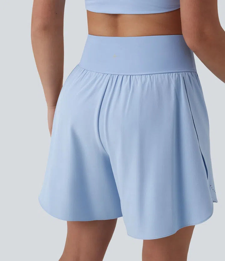 SoftlyZero QuickDry High Waisted Tummy Control Reflective Dots Crossover Hem 2-in-1 Running Shorts 7&