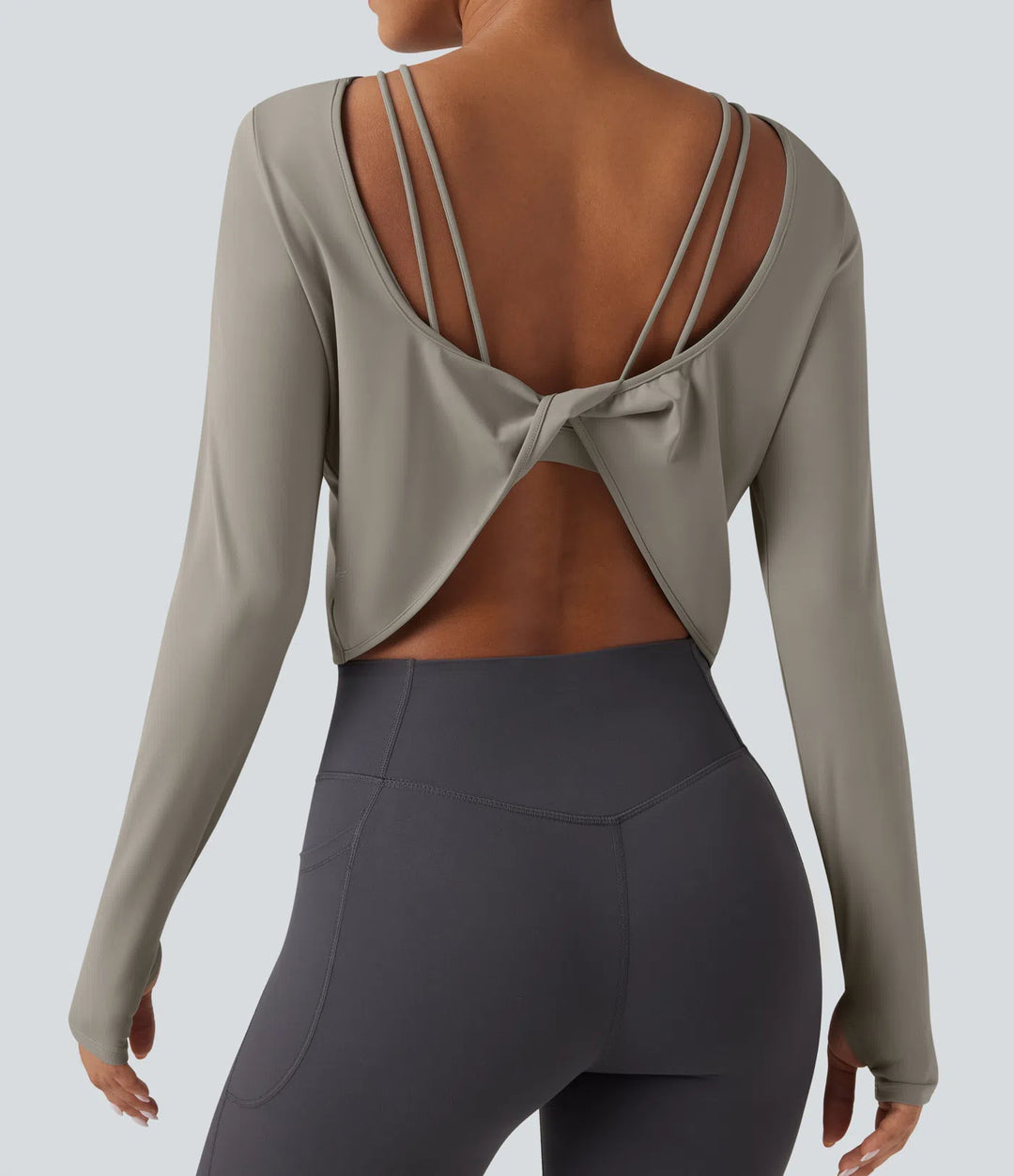 SoftlyZero QuickDry Backless Twist-back Long Sleeve Thumb Holes 2-in-1 Yoga Sports Top
