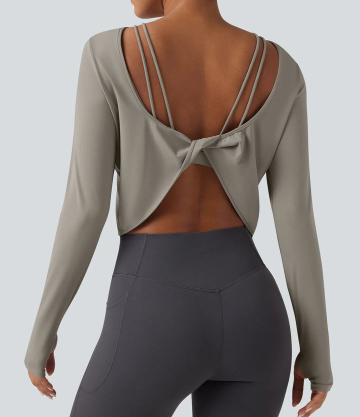 SoftlyZero QuickDry Backless Twist-back Long Sleeve Thumb Holes 2-in-1 Yoga Sports Top