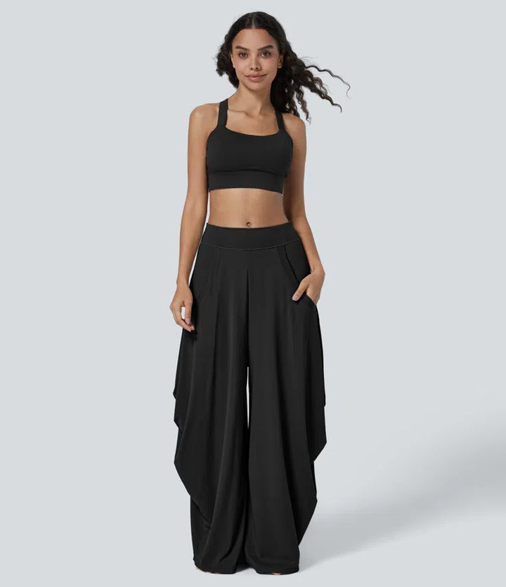 Mid Rise Pockets Draped Wide Leg Baggy Casual Pants