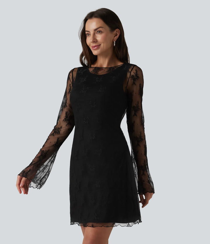 Round Neck Flounce Sleeve 2-piece Lace Party Dress