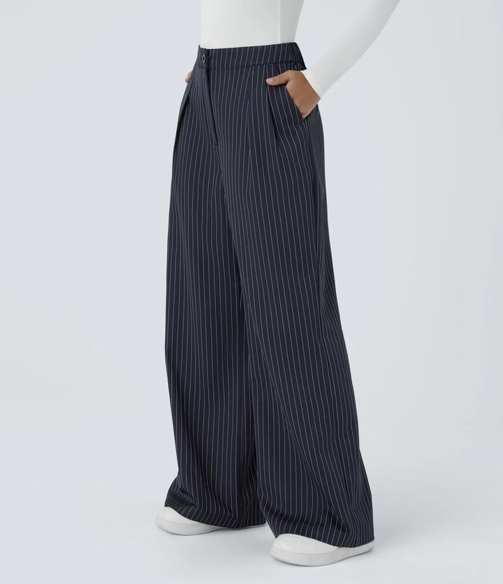 High Waisted Zipper Pocket Wide Leg Baggy Striped Work Pants