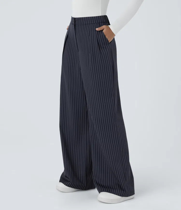 High Waisted Zipper Pocket Wide Leg Baggy Striped Work Pants