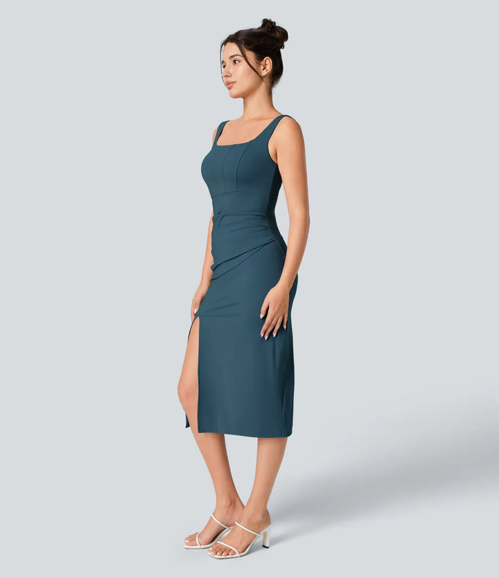 SoftlyZero Airy Square Neck Backless Corset Ruched Split Bodycon Midi InstantCool Bridesmaid and Wedding Guest Dress