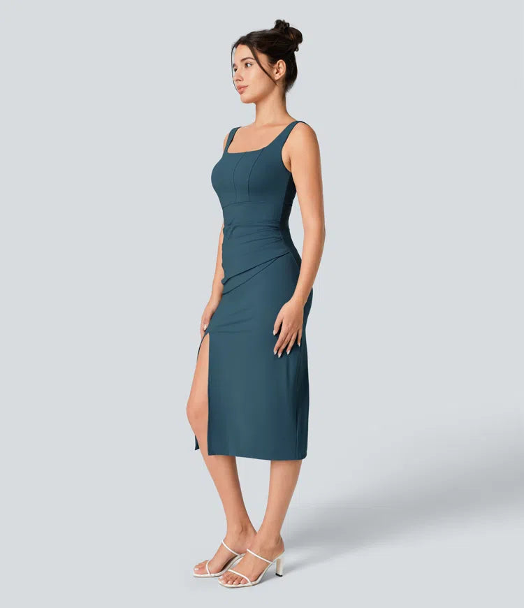 SoftlyZero Airy Square Neck Backless Corset Ruched Split Bodycon Midi InstantCool Bridesmaid and Wedding Guest Dress