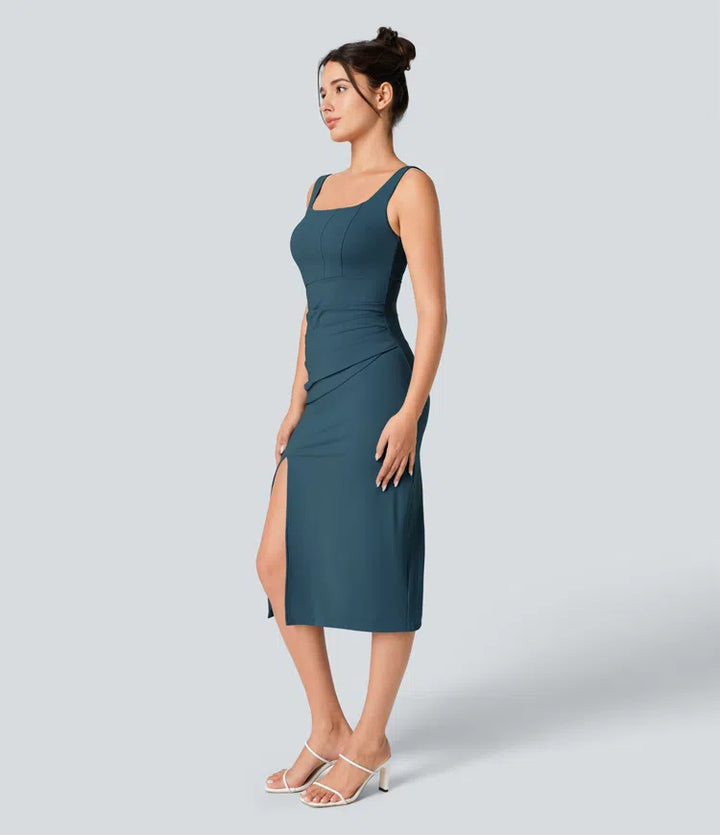SoftlyZero Airy Square Neck Backless Corset Ruched Split Bodycon Midi InstantCool Bridesmaid and Wedding Guest Dress
