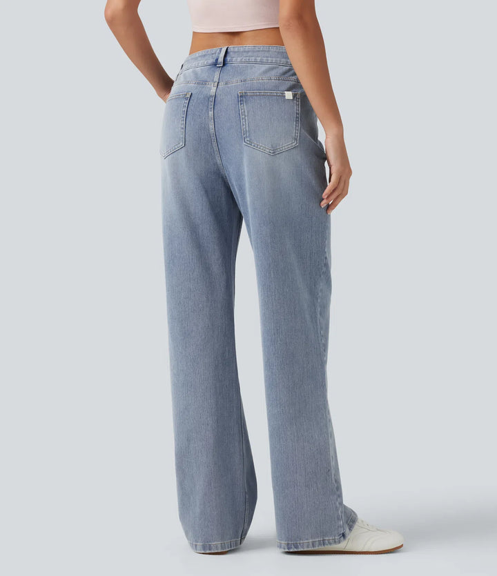 Halara Flex Asymmetric Mid Rise Straight Leg Casual Jeans with Pockets