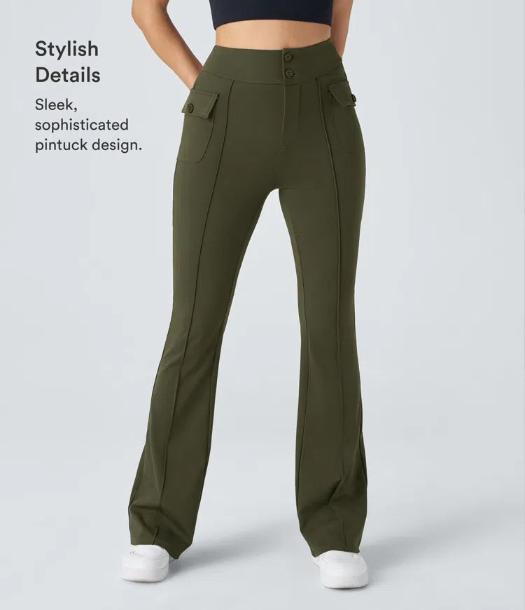 High Waisted Side Flap Pocket Flare Casual Cargo Pants