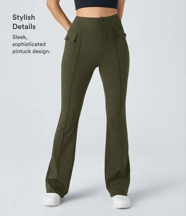 High Waisted Side Flap Pocket Flare Casual Cargo Pants