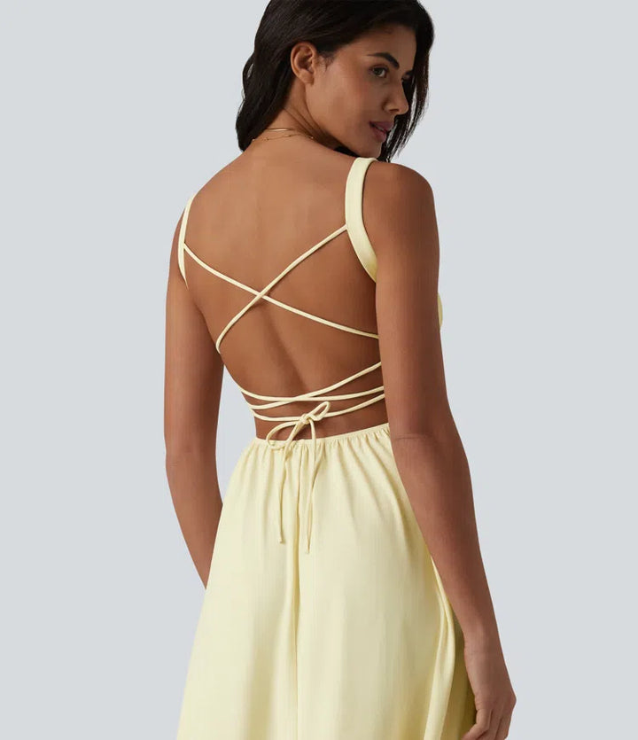 Crisscross Backless Square Neck Sleeveless Ruched Built-in Bra Midi Resort Flowy Milkmaid Dress