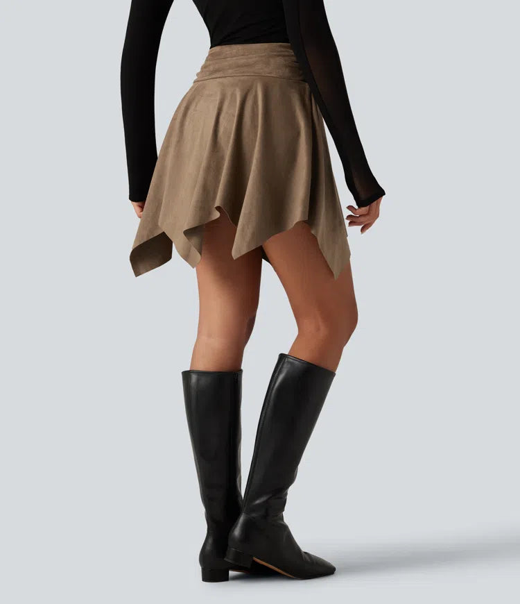High Waisted Ruched Asymmetric A Line 2-in-1 Suede Mini Casual Skirt