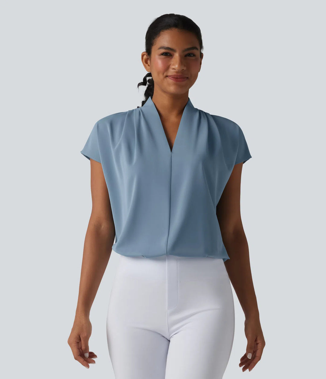 Wrinkle Recovery V-neck Batwing Sleeve Loose Fit Work Blouse