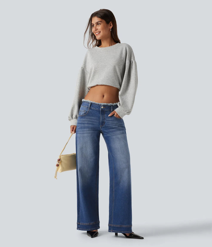 Low Rise Raw Hem Wide Leg Casual Jeans with Pockets
