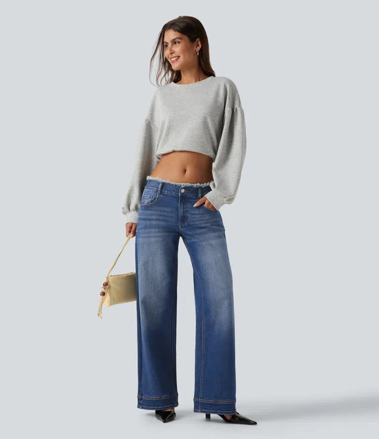 Low Rise Raw Hem Wide Leg Casual Jeans with Pockets