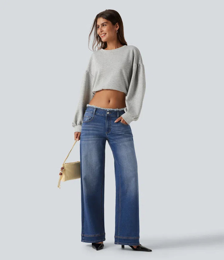 Low Rise Raw Hem Wide Leg Casual Jeans with Pockets