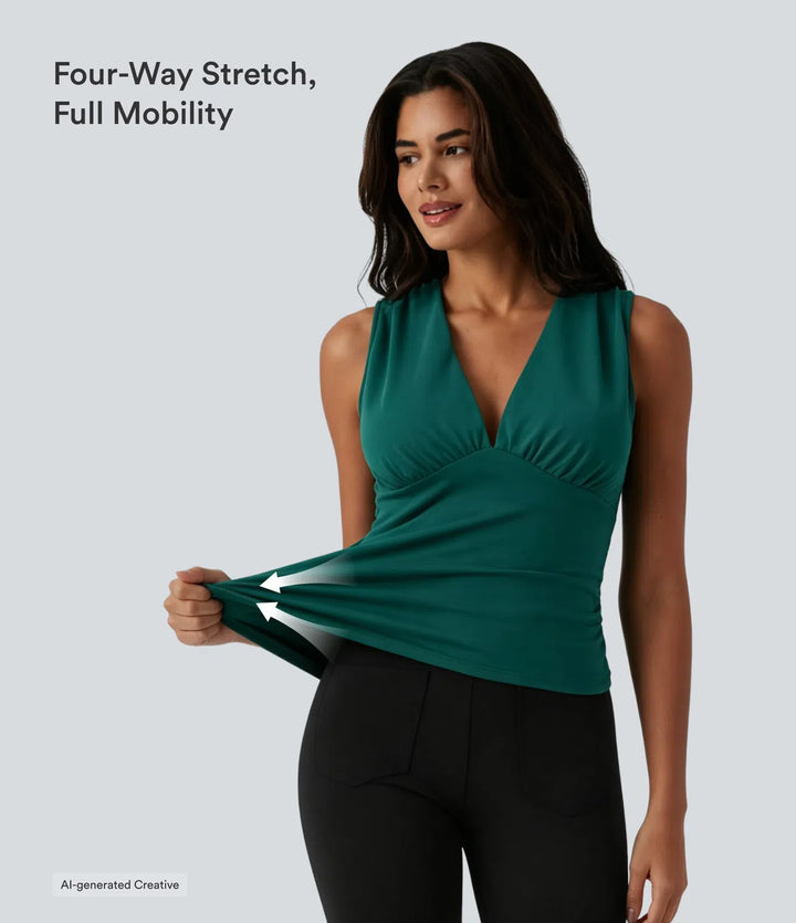 V Neck Ruched Built-in Bra Work Tank Top