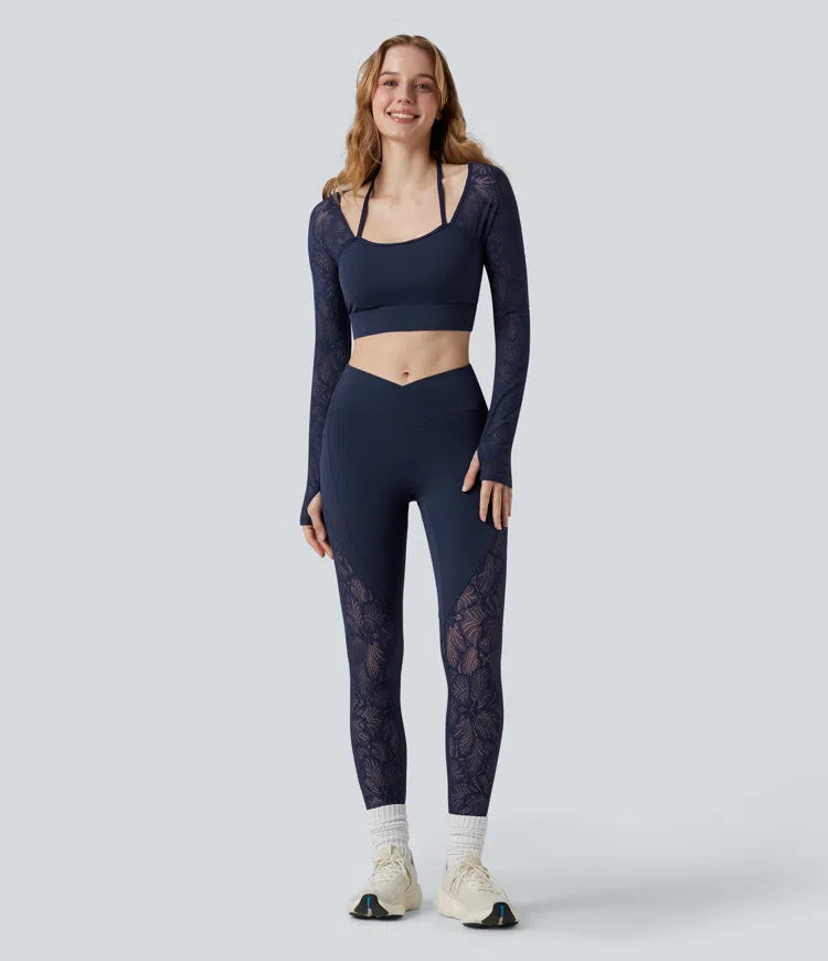 SoftlyZero Contrast Lace Halter Long Sleeve Thumb Holes Cropped Yoga Top