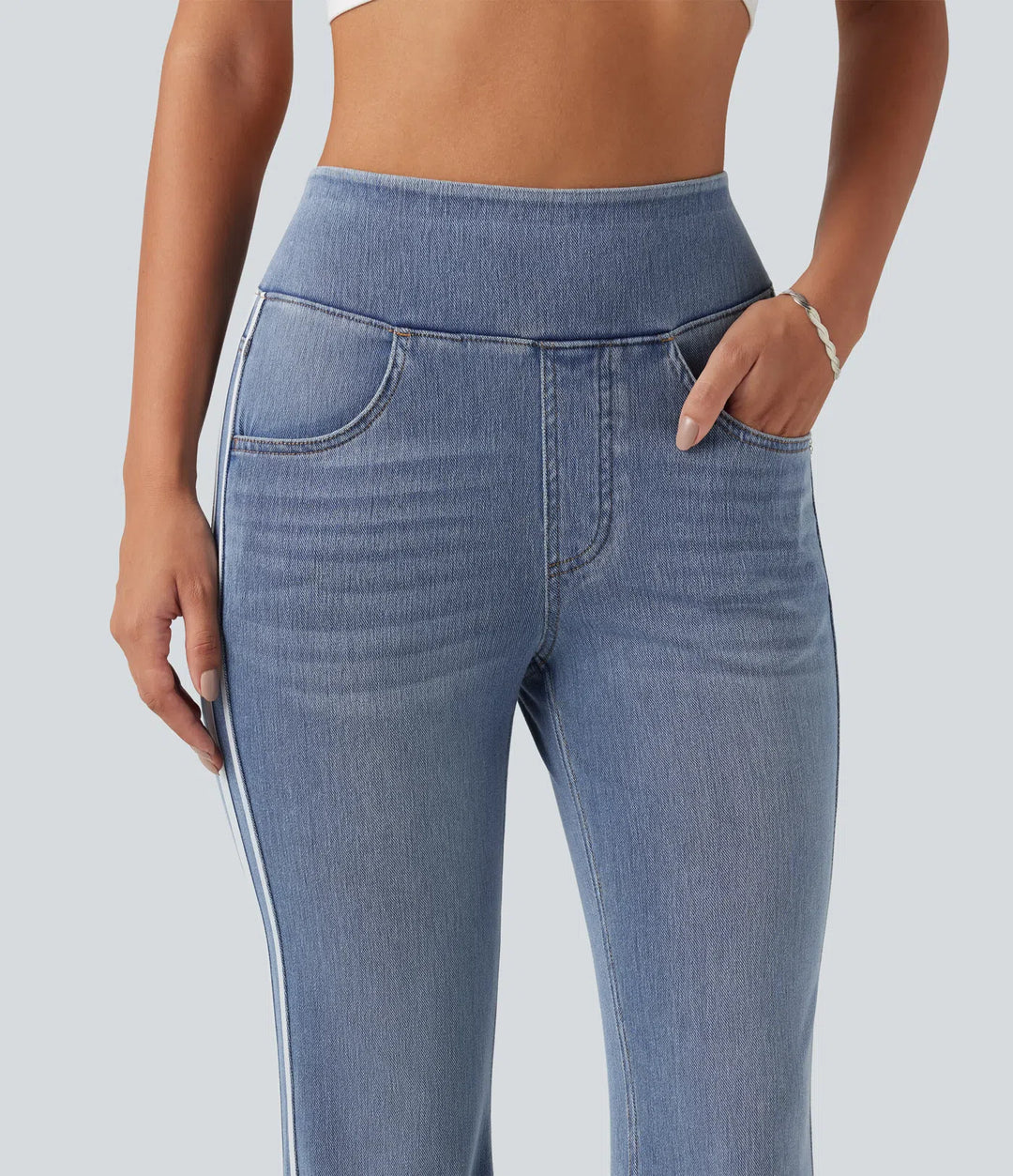 Halara Flex High Waisted Stripe Flare Washed Casual Jeans with Pockets