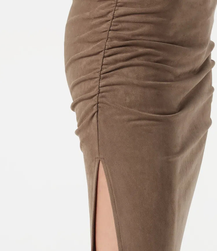 High Waisted Tummy Control Ruched Bodycon 2-in-1 Suede Midi Skirt