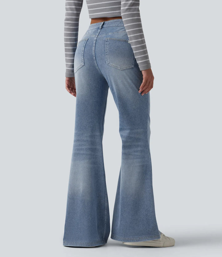 Halara Flex Mid Rise Washed Casual Flare Jeans with Pockets
