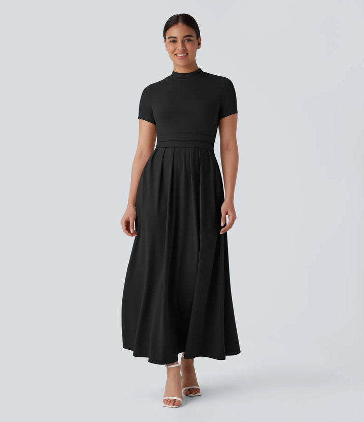 Stand Collar Short Sleeve Pocket Flare Maxi Casual Dress