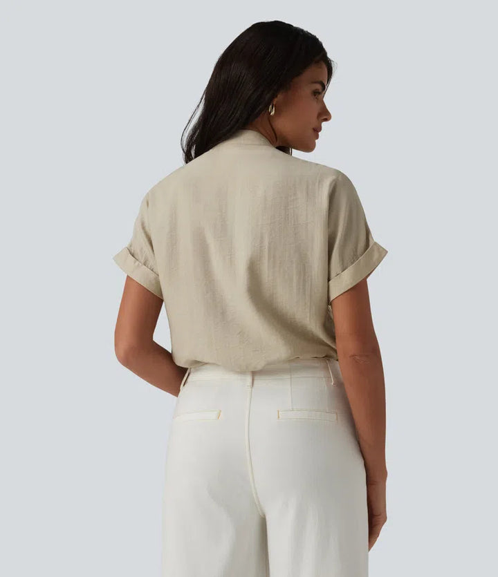 V Neck Short Sleeve Linen-Feel Work Shirt