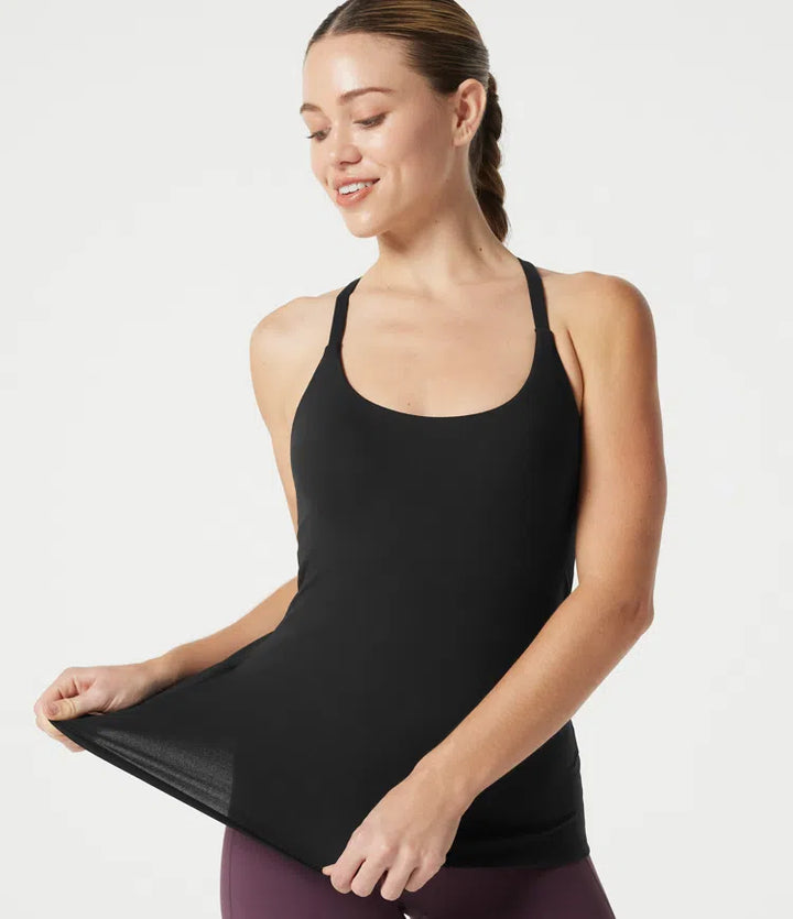 Scoop Neck Built-in Bra Crossover Hem Yoga Cami Top-Longer Length