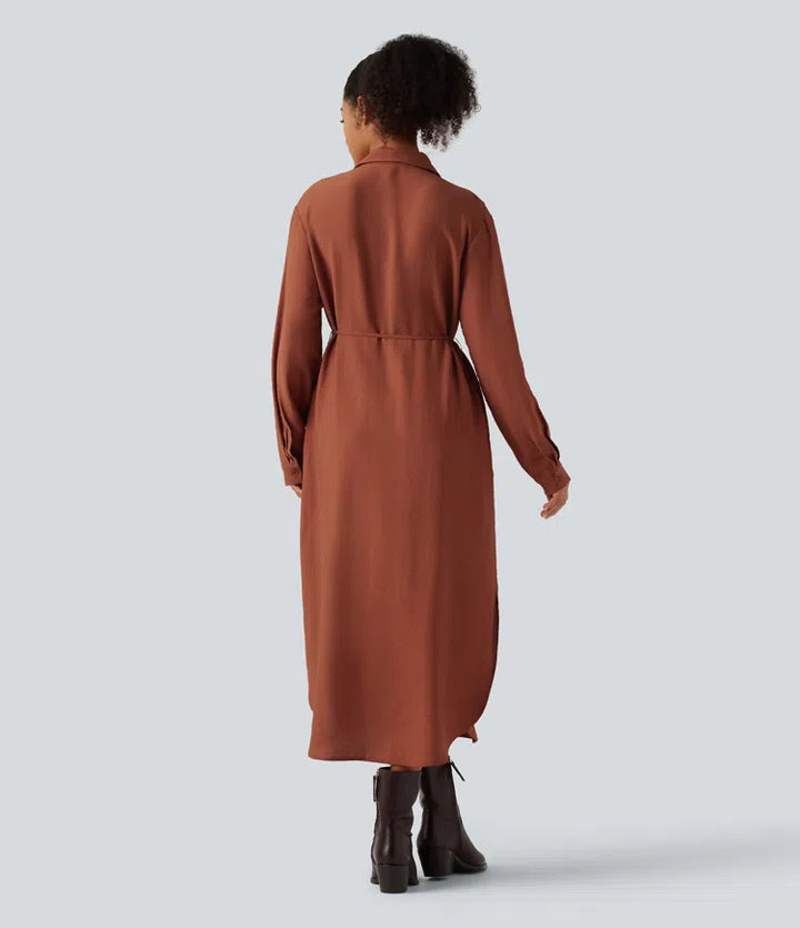 Collar Long Sleeve Belted Curved Split Hem Midi Casual Shirt Dress with Pockets
