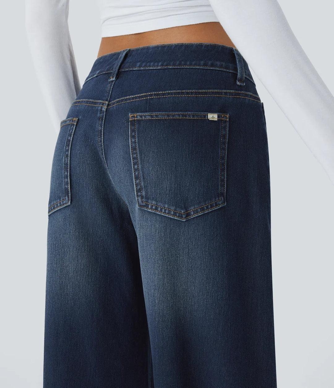 Halara Flex Asymmetric Low Rise Zipper Pockets Baggy Wide Leg Washed Casual Jeans