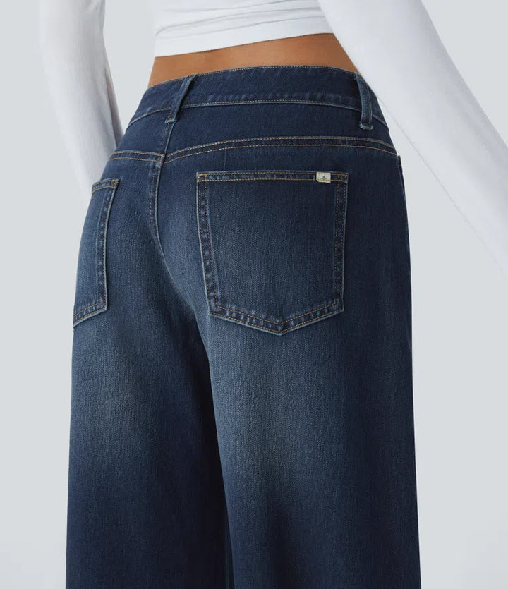 Halara Flex Asymmetric Low Rise Zipper Pockets Baggy Wide Leg Washed Casual Jeans