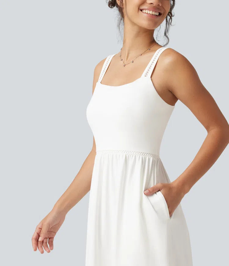 Square Neck Cut Out A-Line Flowy Midi Resort Tank Dress with Pockets