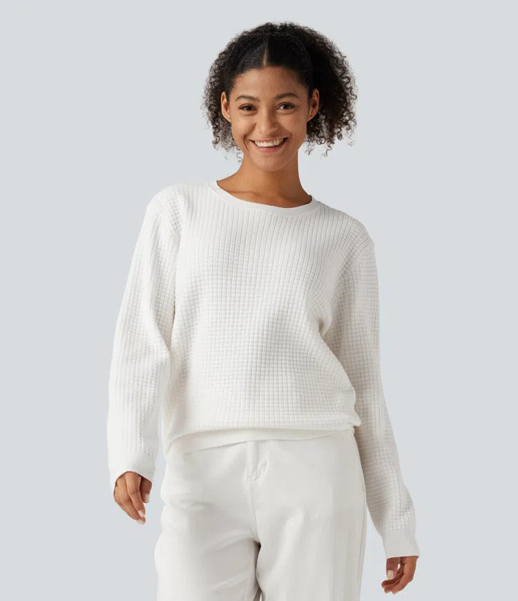 Round Neck Long Sleeve Waffle Casual Sweater