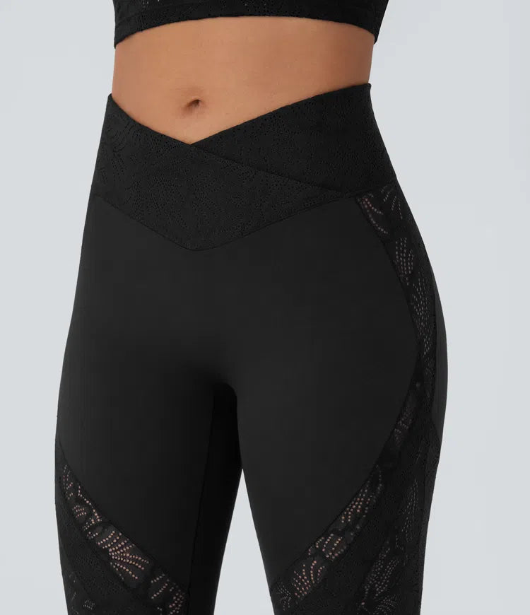 SoftlyZero High Waisted Crossover Pocket Contrast Lace Flare Yoga Leggings