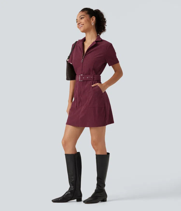 Short Sleeve Belted Corduroy Mini Casual Dress with Pockets